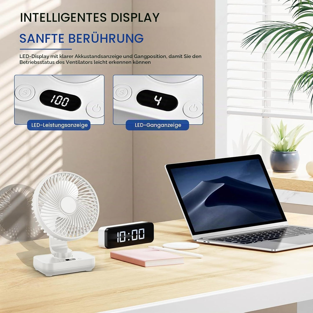 Mini Tischventilator Leiser, 120°Oszillation, 4 Geschwindigkeiten, USB Ventilator mit Akku 4000mAh,