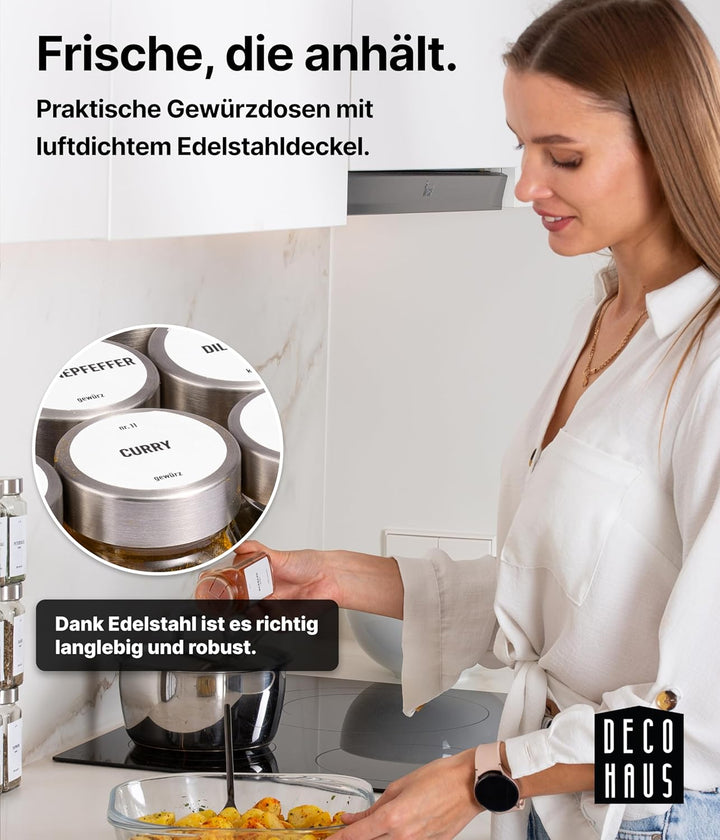 Deco haus® Gewürzgläser eckig luftdicht 12er Set [inkl. Etiketten & Streueinsatz] - Gewürzdosen Set