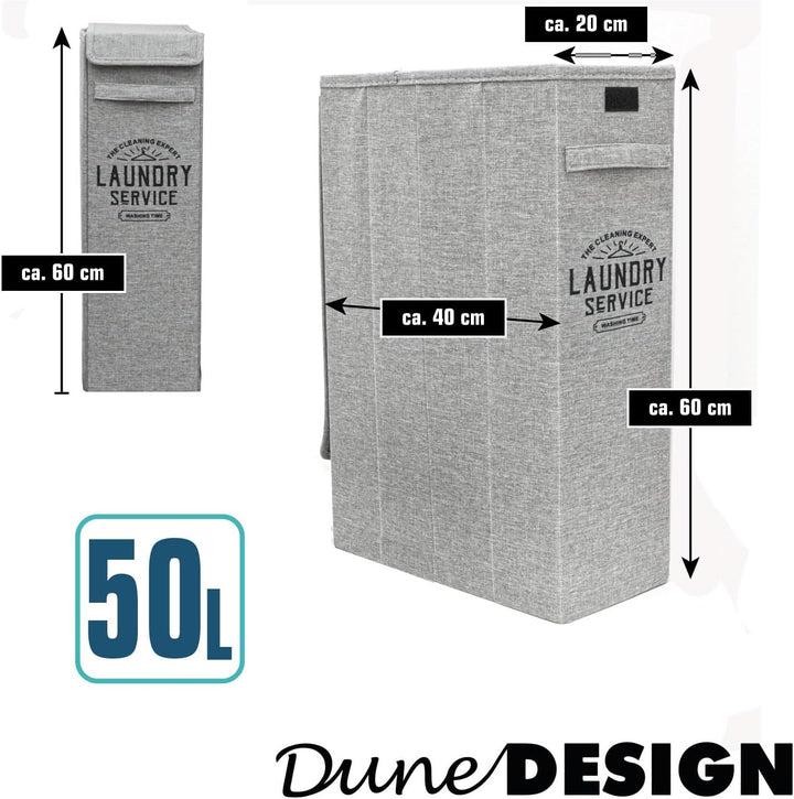 DuneDesign 20 cm Schmaler Wäschekorb mit Deckel - 50L Stabiler Holzrahmen - 20x40x60 Wäschesammler S