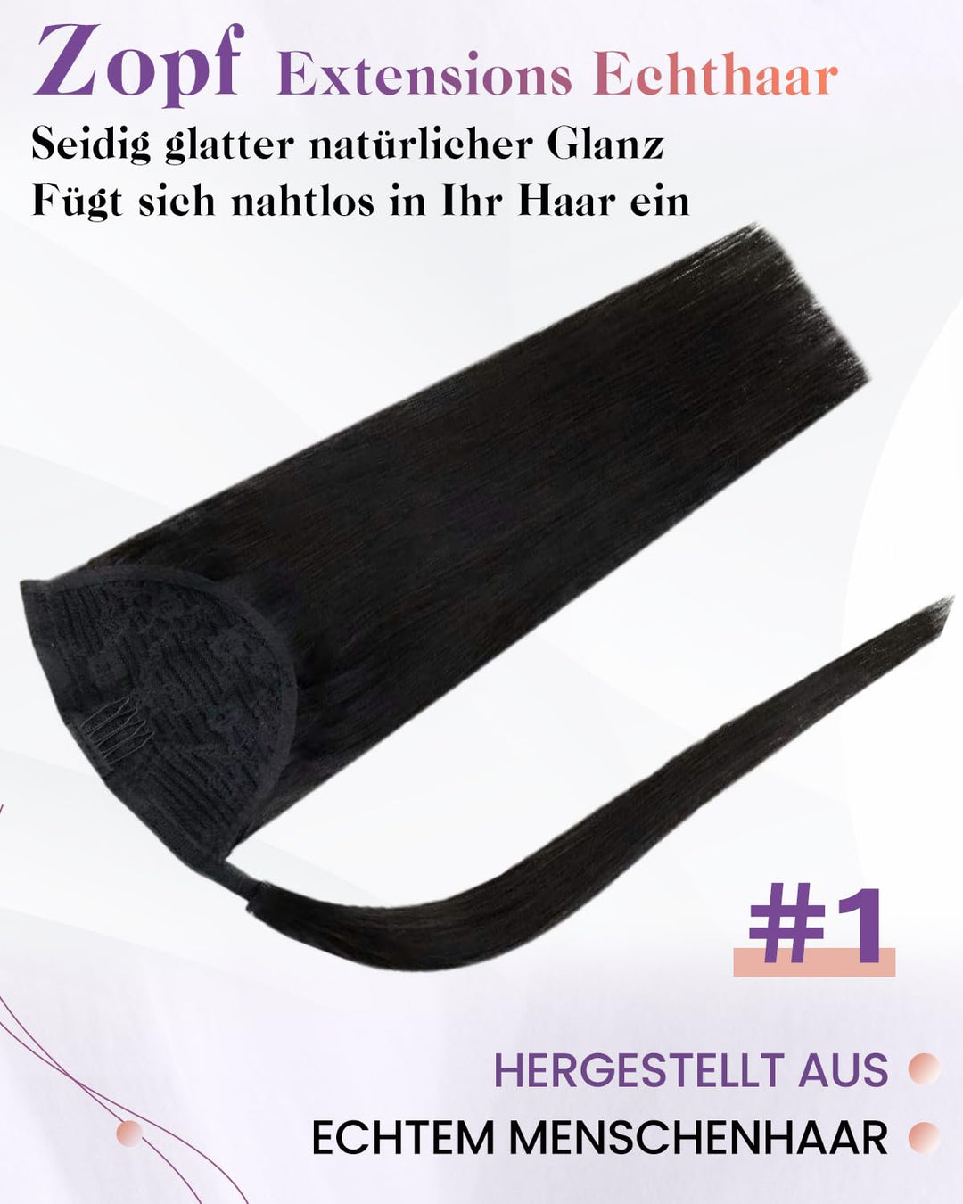 LaaVoo Zopf Extension Echthaar Schwarz Echthaar Pferdeschwanz Extensions Easy Fit Ponytail Extension