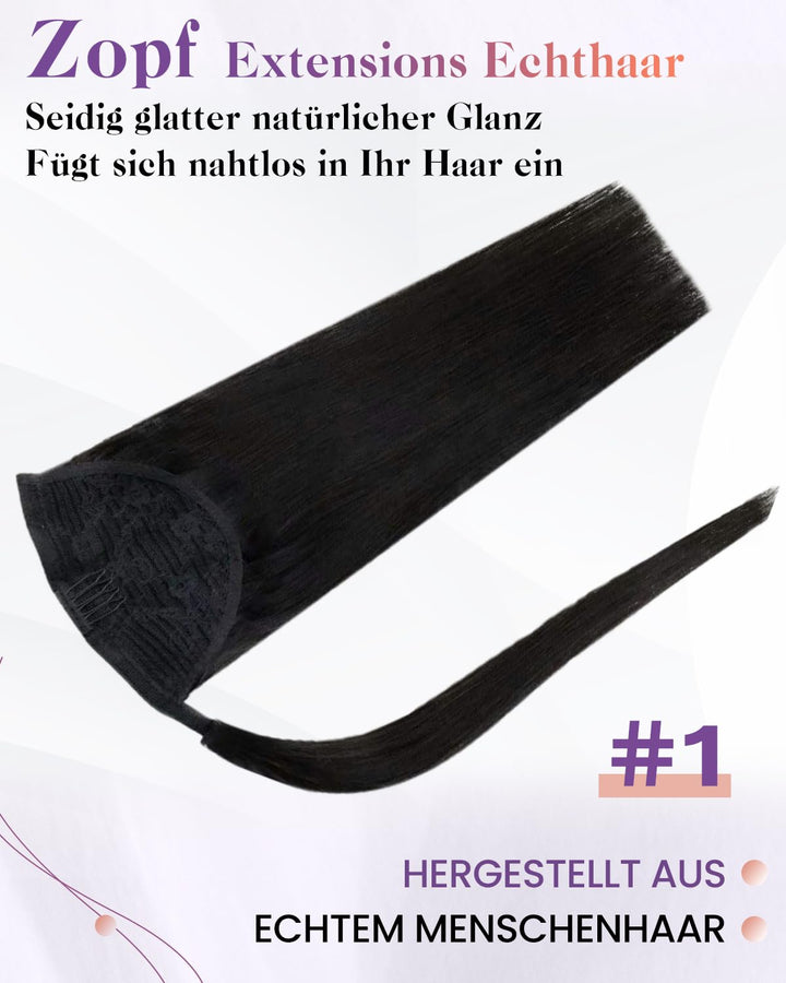 LaaVoo Zopf Extension Echthaar Schwarz Echthaar Pferdeschwanz Extensions Easy Fit Ponytail Extension