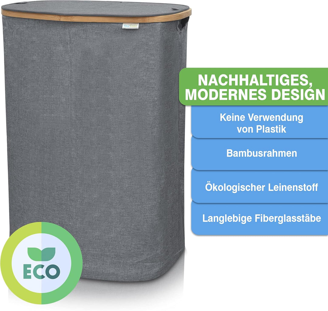 YourCasa® Wäschekorb mit Deckel [120L gross] Wäschesammler mit 2 Fächern - Nachhaltiger Bambus Korb