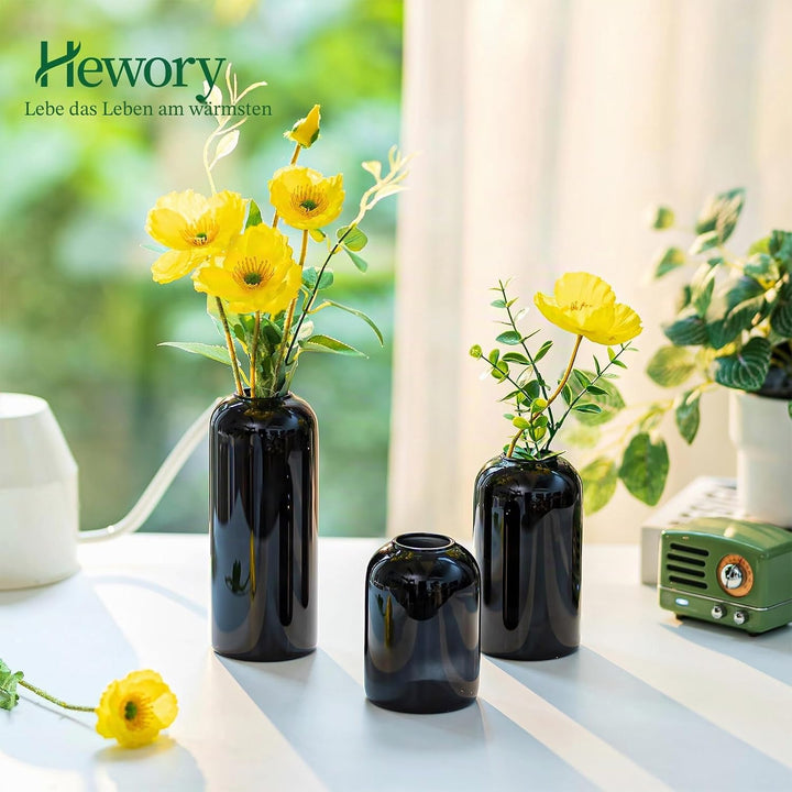 Hewory Kleine Vasen für Tischdeko: 6er Set Vase Schwarz Deko Glaszylinder Vase Glas, Klein Glasvase