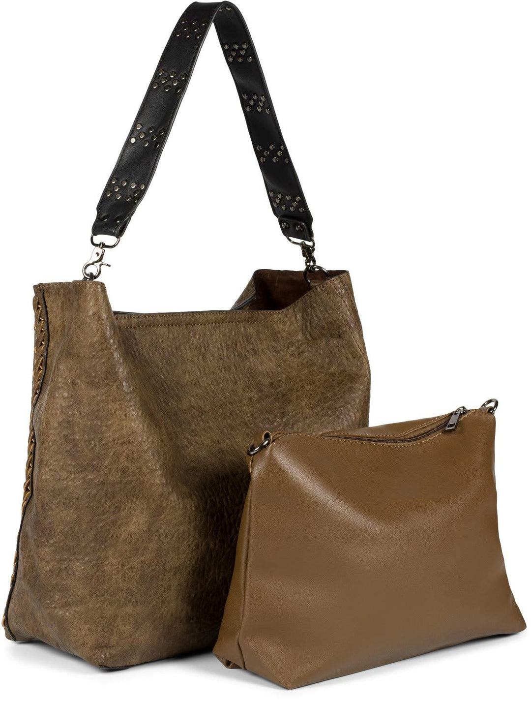 styleBREAKER Damen 2 in 1 Umhängetasche mit Nietengurt, geprägtes Kunstleder Vintage Look, Innentasc