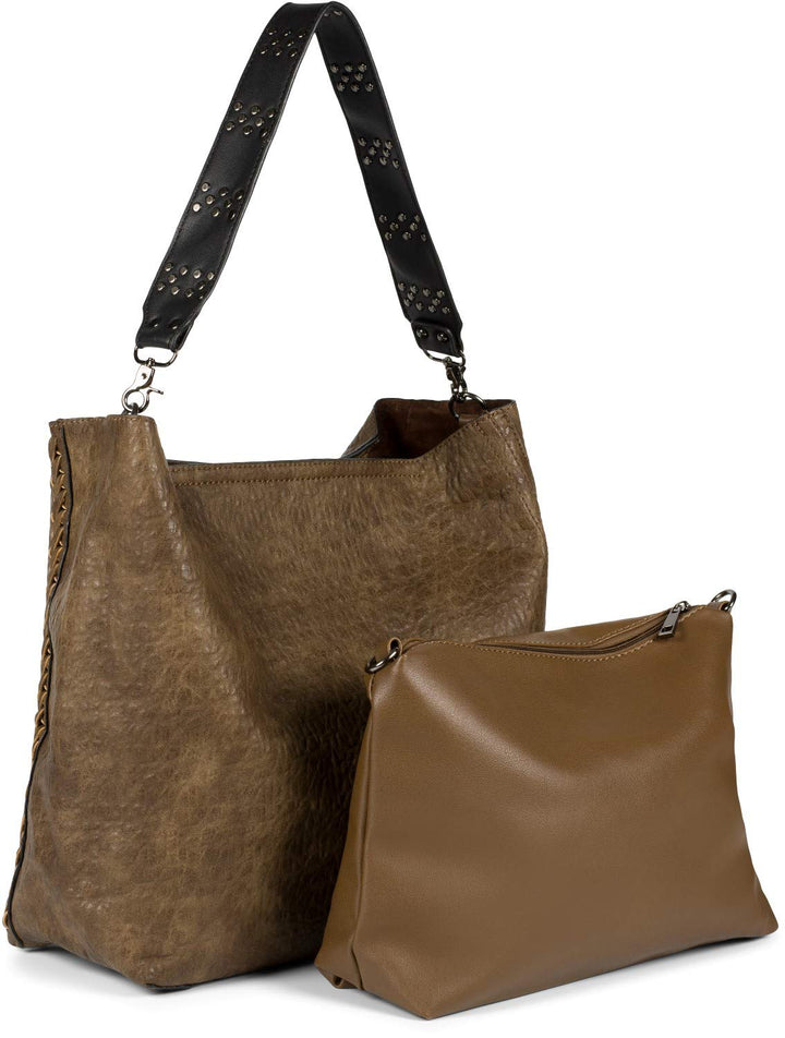 styleBREAKER Damen 2 in 1 Umhängetasche mit Nietengurt, geprägtes Kunstleder Vintage Look, Innentasc