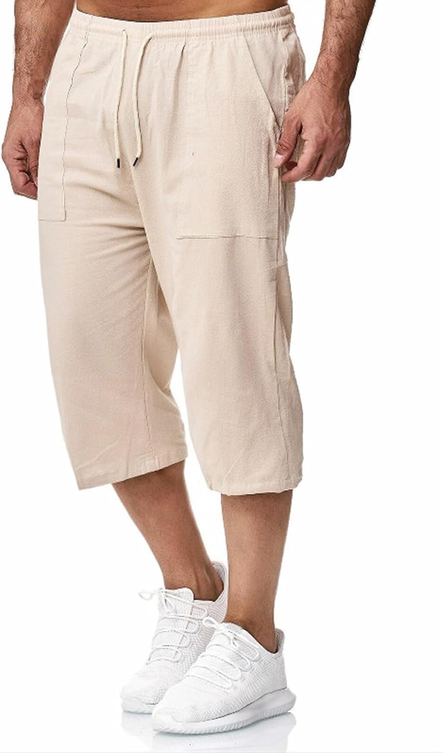 Remxi Herren-Shorts, 3/4-Leinen-Shorts, lockere Passform, Sommer, lässige Cargohose M Khaki, M Khaki