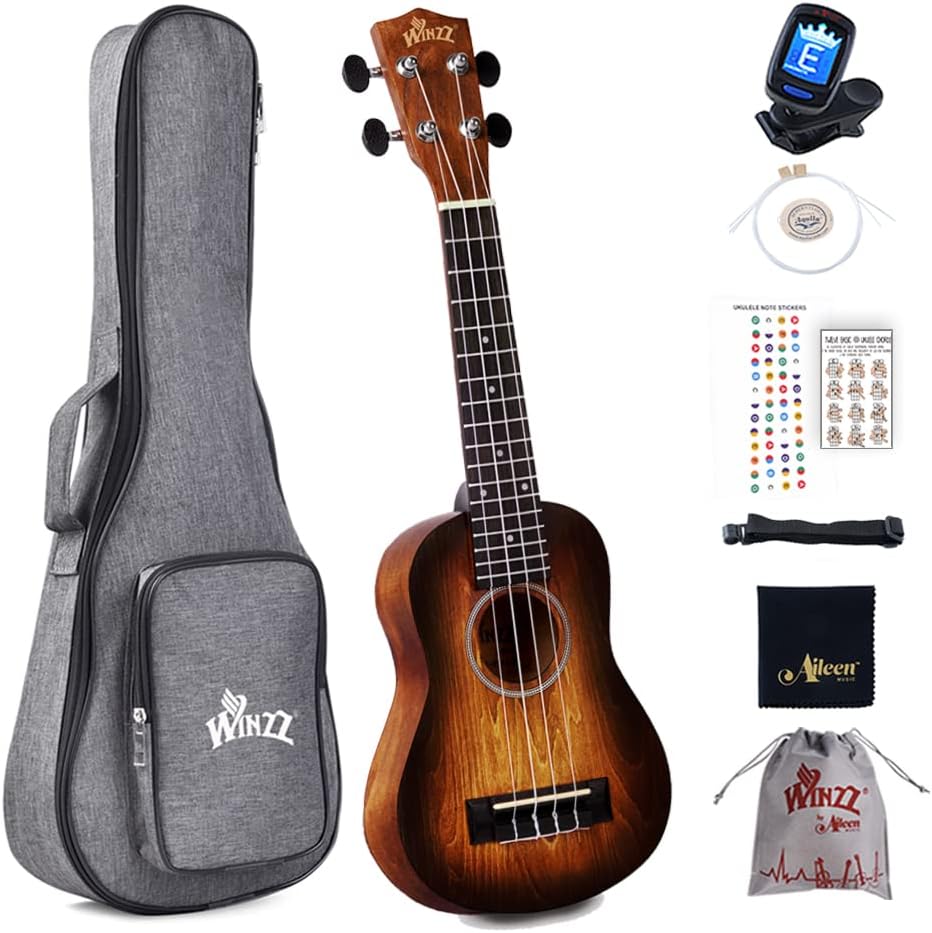 Winzz 21" Sopran Ukulele Anfänger Set Kinderm Erwachsene, Einzigartiges Farbdesign, mit Tasche, Stim