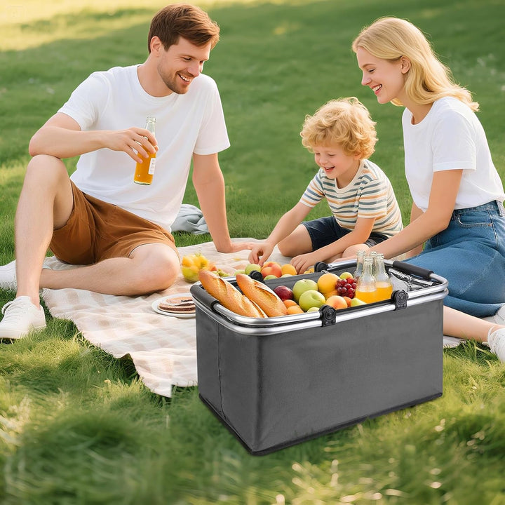 kühlkorb einkaufskorb 30L,Mit Reissverschluss isolierter, Faltbarer Picknickkorb,Klapprahmen aus Alu