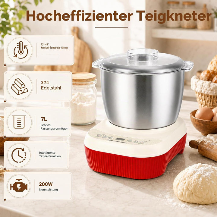 Teigknetmaschine 7L Edelstahl mit Gärfunktion, Timer &amp; Saugfüssen