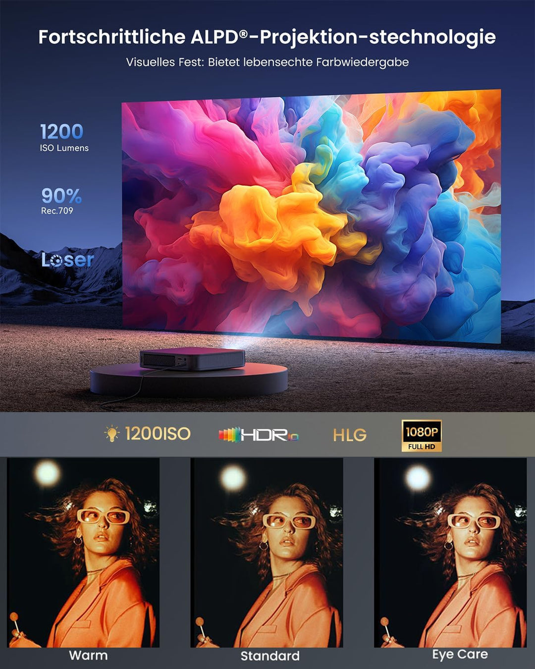Dangbei Atom Mini Beamer mit Ständer, 1200 ISO Lumen, 1080P Full HD ALPD-Projektor, Netflix Vorinsta