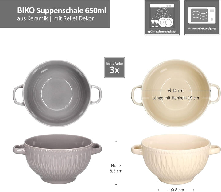 MamboCat Biko 6er Set Suppentassen I 650ml I 6 Personen I Keramiktassen in je 3X Vanille &amp; Grau I Su
