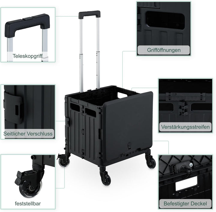 Relaxdays Einkaufstrolley, klappbar, Einkaufskorb mit Lenkrollen, Deckel & Teleskopgriff, bis 35 kg,
