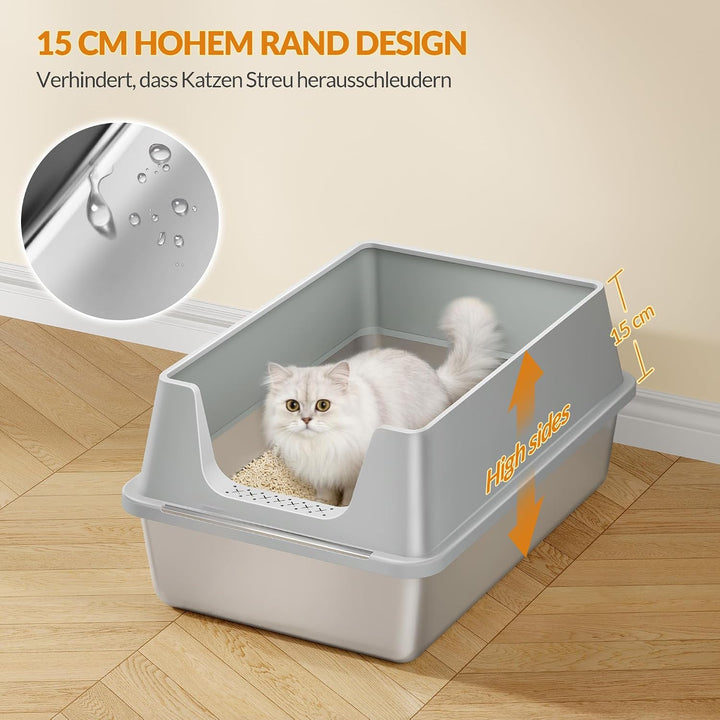 Katzenklo Edelstahl, XXL Hoher Rand Katzentoilette, Hellgrau Hellgrau 1 Stück, Hellgrau 1 Stück