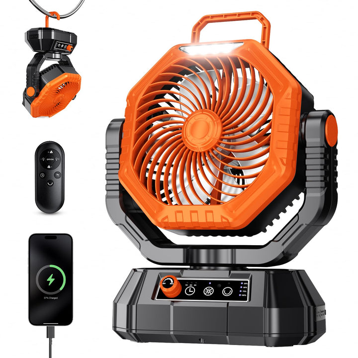 AJVV Camping Ventilator mit akku 20000mAh, Akku Ventilator mit Fernbedienung/LED Licht/270° Drehung,