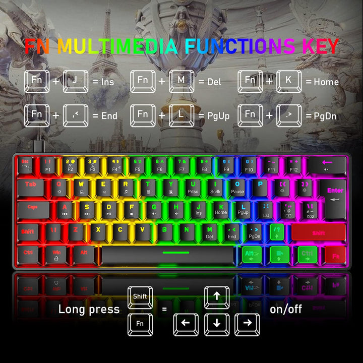 T60 Mini 60% Mechanische Tastatur-Maus-Sets, Kompakt 62 Tasten, Typ C Wired, 19 Hintergrundbeleuchtu