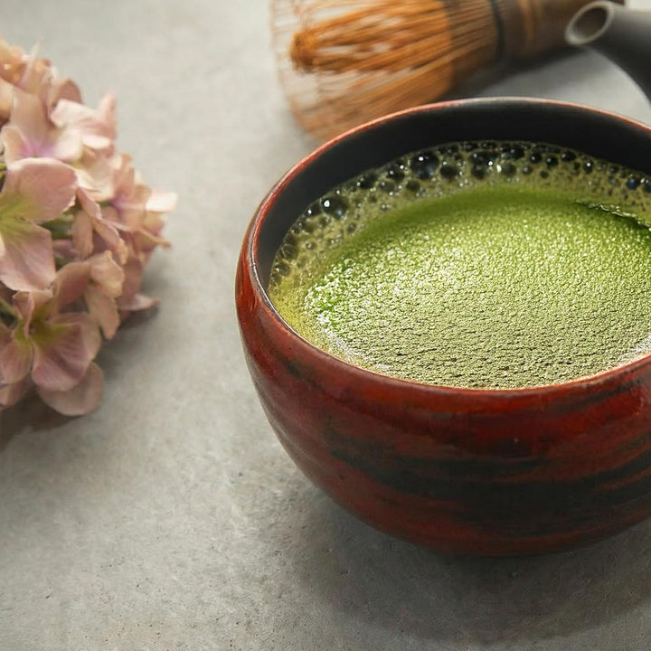 SASUGA Handgefertigte japanische Matcha-Schale, Mino-Ware Steingut Teeschale (Roter Pinselstrich) Ak