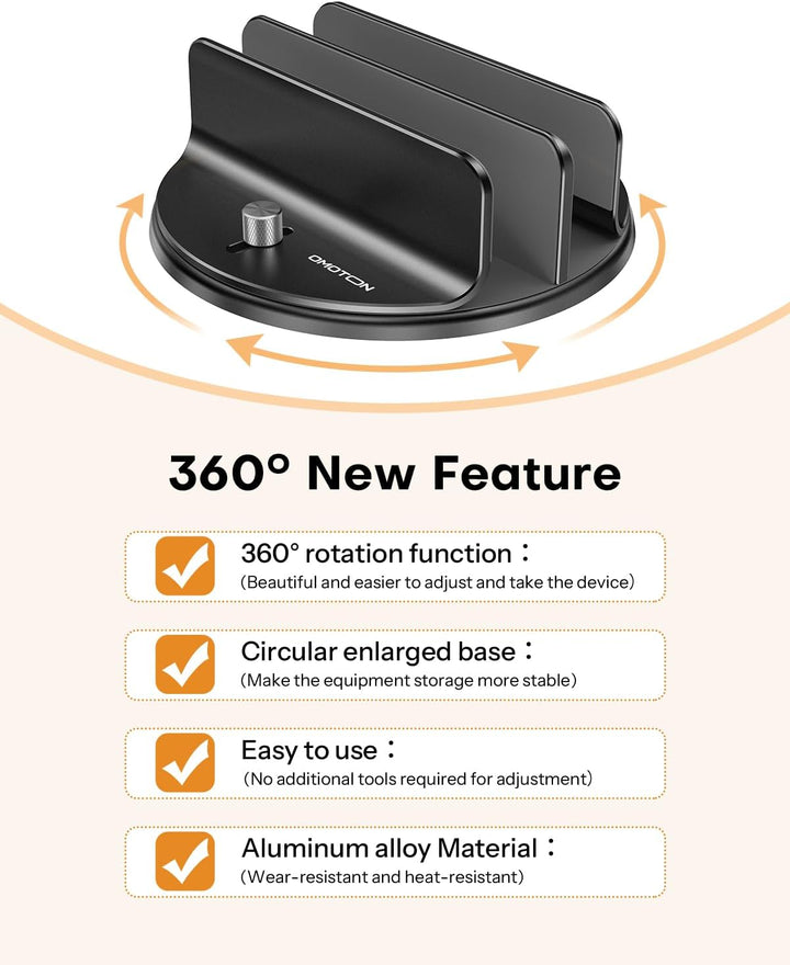 OMOTON 360° Drehbarer Vertikaler Laptop Ständer, 2 Slot Aluminium Laptop Halter mit Taktilem klick,