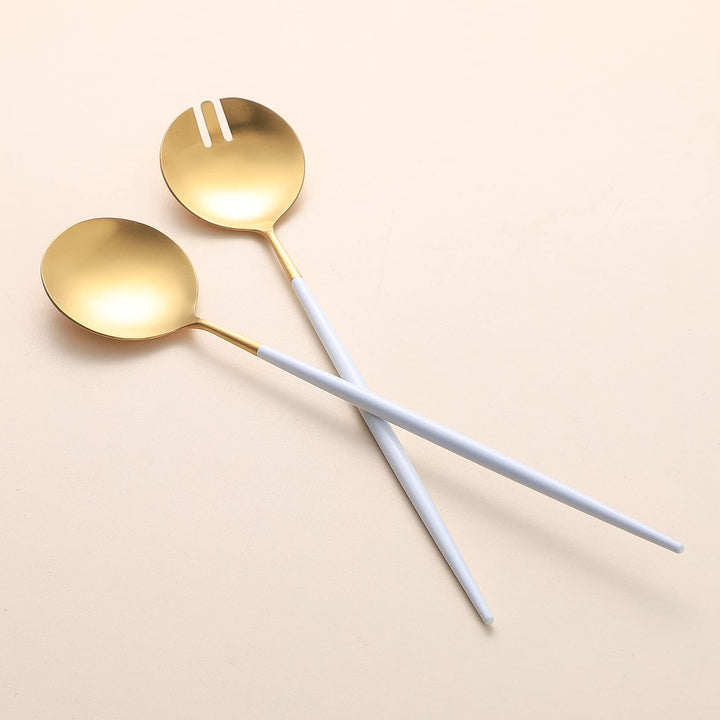 Salatbesteck, Löffel und Gabel, 29 cm, 18/10 Edelstahl, Titanbeschichtung (Weissgold) Weiss/Gold, We