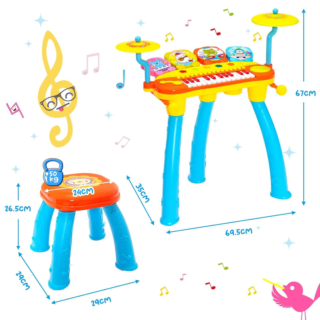 GOPLUS Kinderkeyboard mit Schlagzeug & Hocker, 24-Tasten Klaviertastatur mit 4 Trommeln, 2 Becken, 2