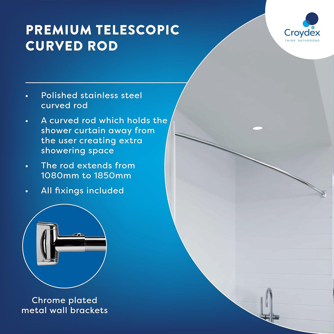 Croydex Teleskopstange aus Edelstahl, ausziehbar, gebogen, 1080-1850 mm Einzelbett, Einzelbett