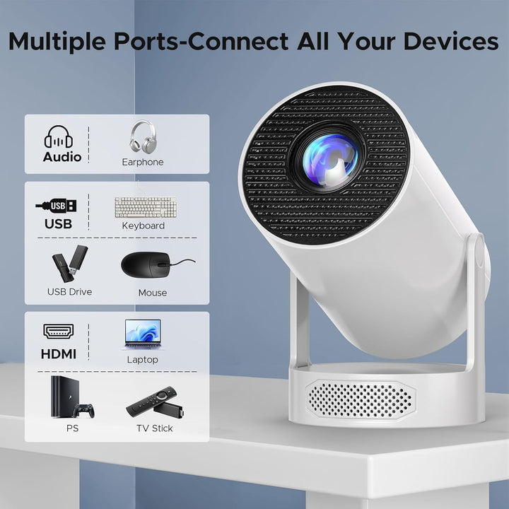 Mini Beamer mit Lautsprecher, Tragbarer Projector unterstützen 1080P 4K, Auto Keystone WiFi 6 Smart