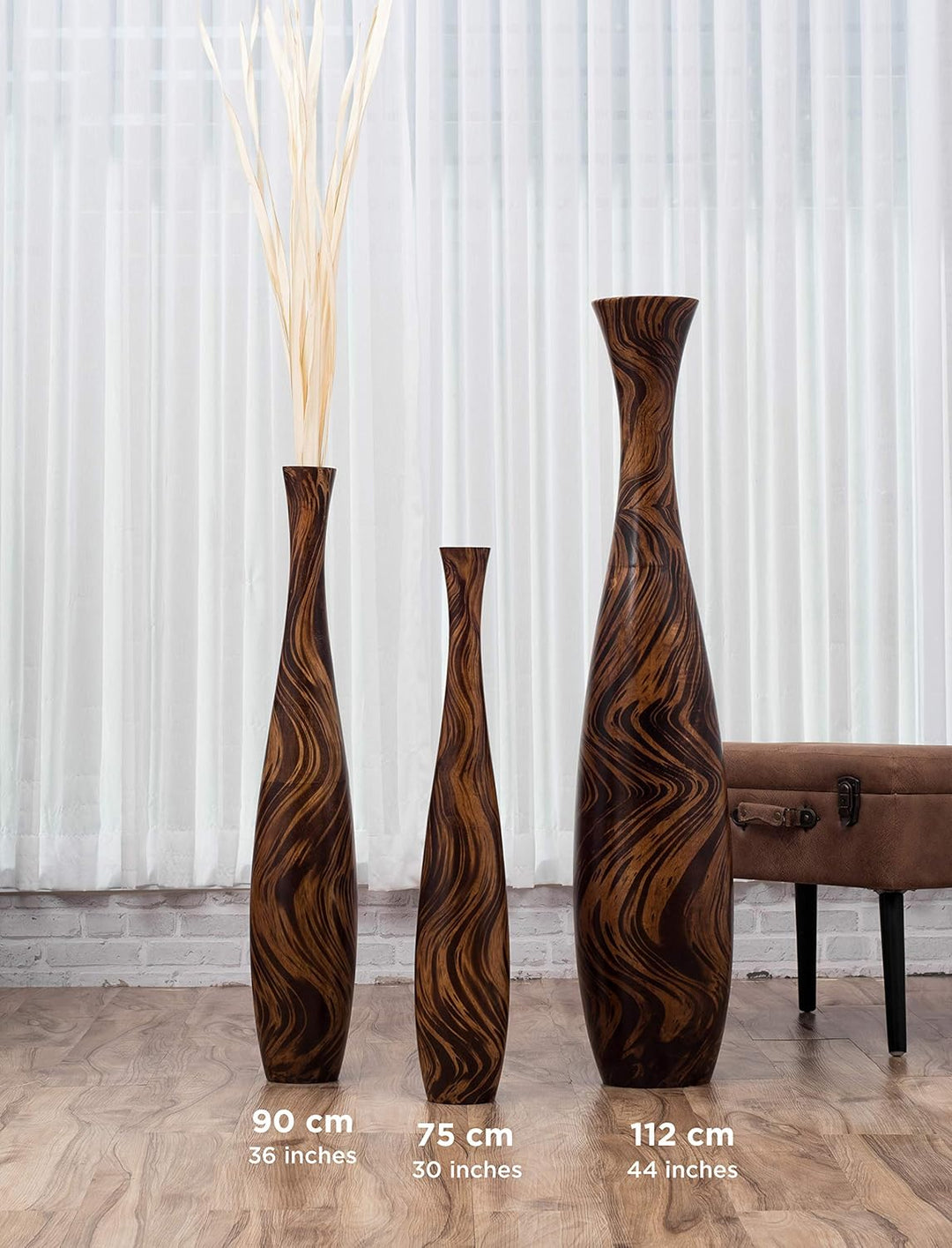 Leewadee Grosse Bodenvase für Dekozweige hohe Standvase Design Holzvase, Holz, 70 cm, Braun Hellbrau