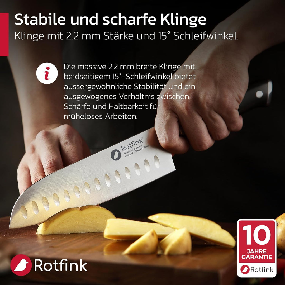 Santoku Messer 18 cm, Profi Küchenmesser scharf, Kochmesser, Fleischmesser, Edelstahl 56-58 HRC, erg