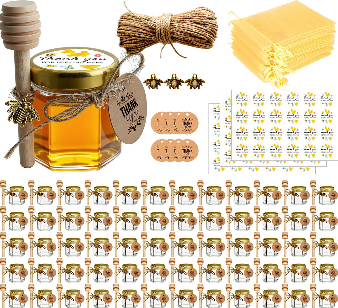 Ahhute 60-Pack Mini Honiggläser mit Dipper Honigtopf mit Golddeckel, Bienen Anhänger, Jutes, Geschen