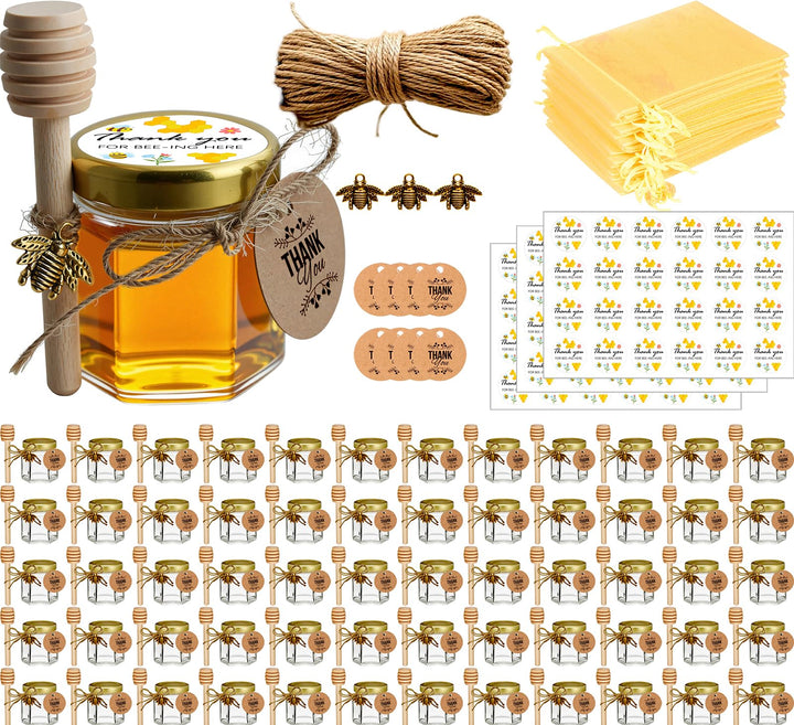 Ahhute 60-Pack Mini Honiggläser mit Dipper Honigtopf mit Golddeckel, Bienen Anhänger, Jutes, Geschen