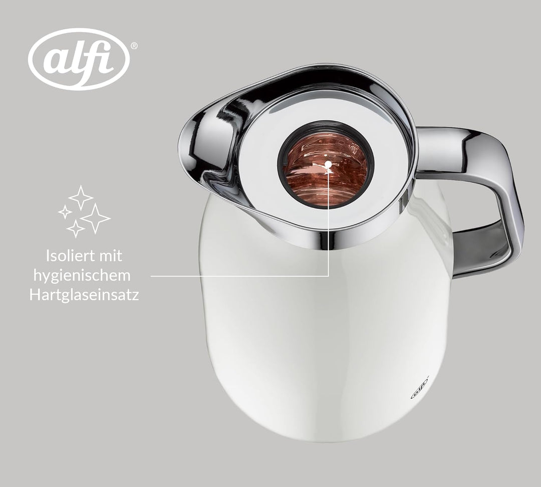 alfi SKYLINE 1,0l, coconut white mat, Edelstahl-Isolierkanne mit hygienischem Hartglaseinsatz, Drehv