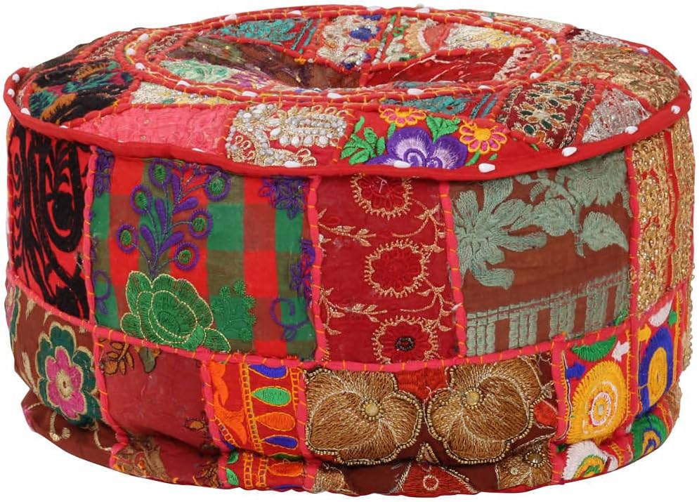 TEWTX7 Patchwork-Fusshocker mit Exquisiten Stickereien Besetzt, Handgefertigt Patchwork Rund Puffhoc