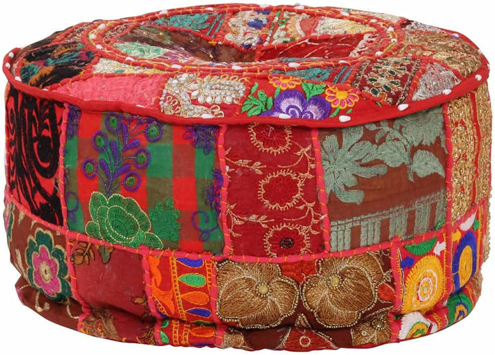 TEWTX7 Patchwork-Fusshocker mit Exquisiten Stickereien Besetzt, Handgefertigt Patchwork Rund Puffhoc