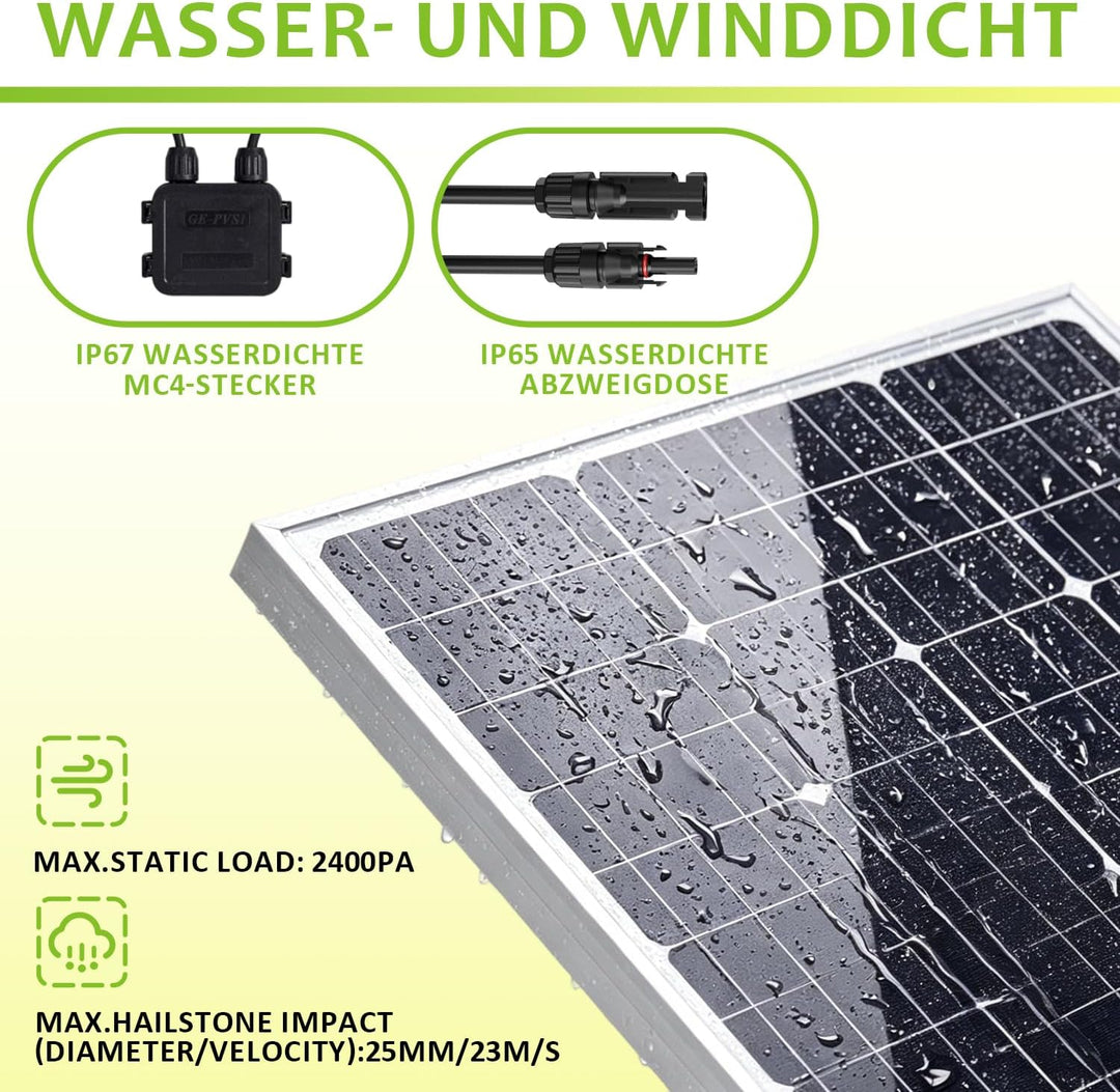 Topsolar 100W Solarpanel 12V mit Laderegler, Kabeln, 1