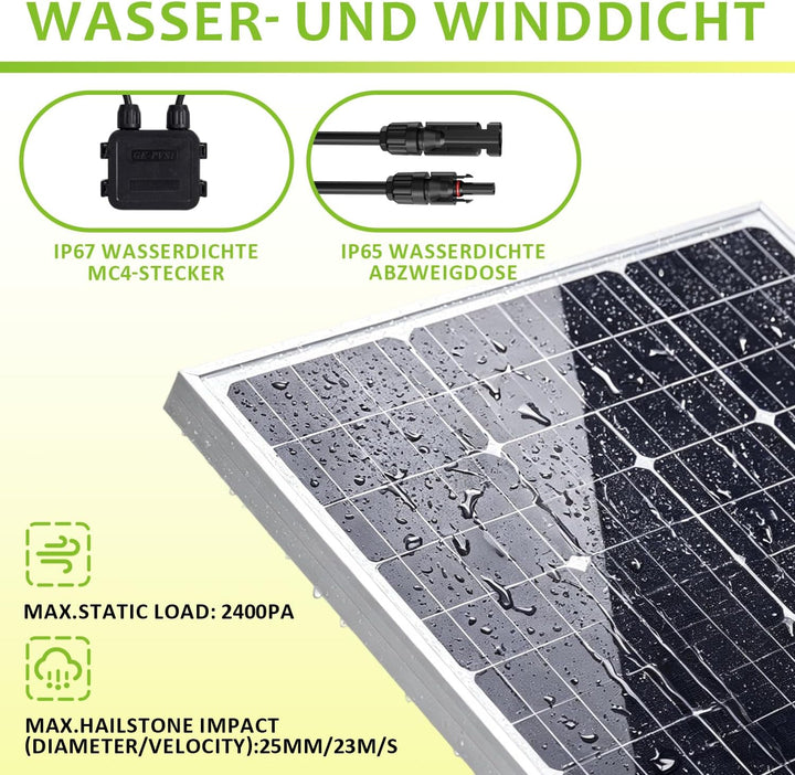Topsolar 100W Solarpanel 12V mit Laderegler, Kabeln, 1