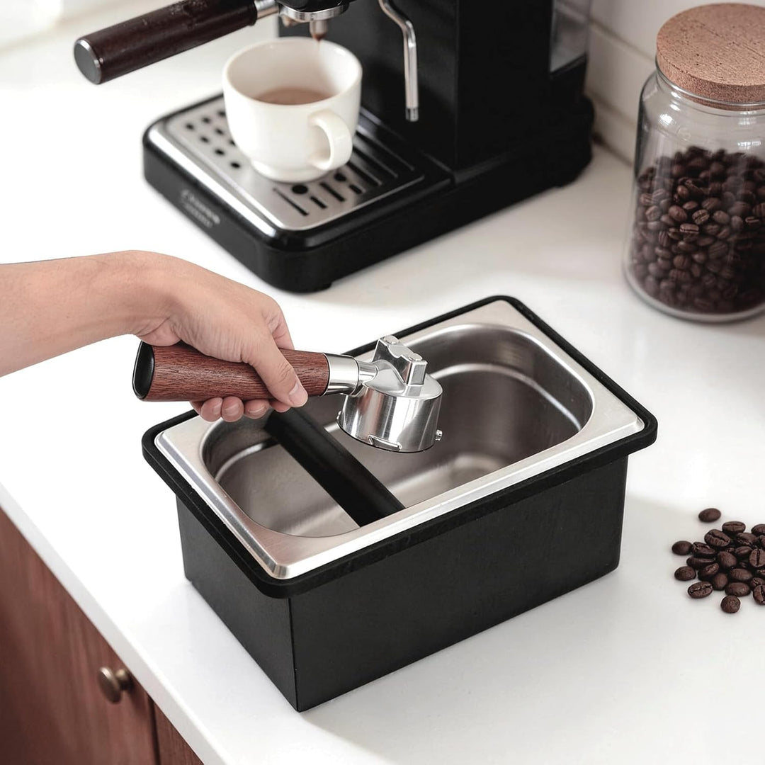 Espresso-Klopfbox, Abklopfbehälter aus Edelstahl, grosse Kaffeeklopfbox mit stossdämpfenden Gummi- u