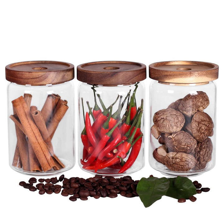 SAIOOL Glasdosen, Lebensmittelbehälter mit luftdichten Akaziendeckel, 600 ml, Glasdosen-Set, 3, tran