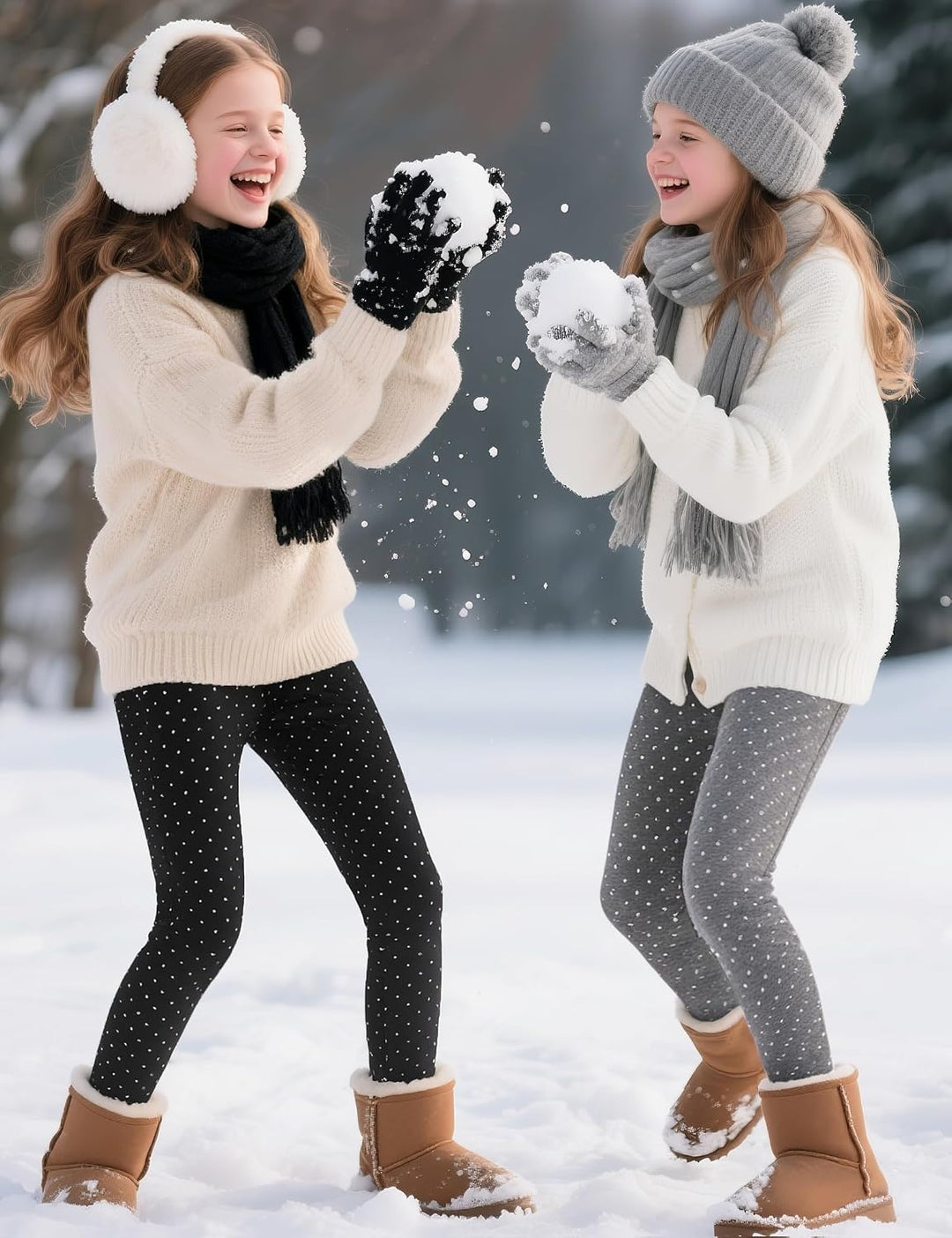 KEREDA Mädchen Leggings Thermo Gefüttert Warme Winter Dicke 2er-Pack 110-116 Schwarz Tupfen/Grau Tup