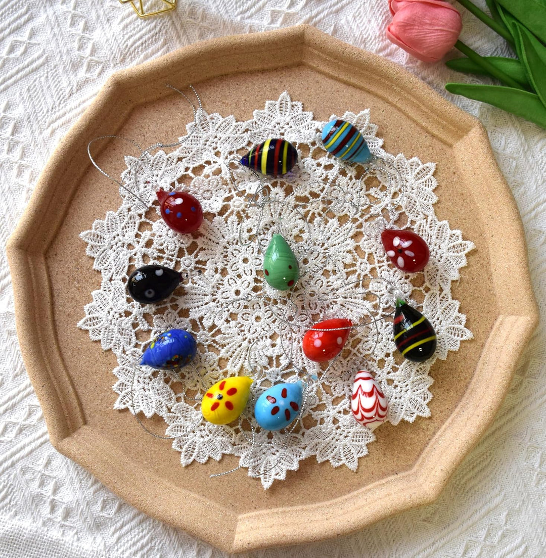 12 Stück handgefertigte Glas Eier Ornamente, Mini Mehrfarbig handgeblasen Glas Eier zum Aufhängen fü