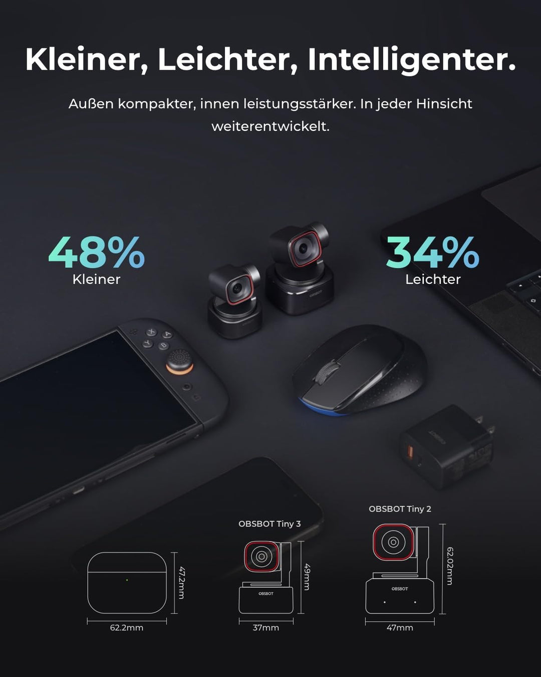 OBSBOT Tiny 3 KI-Webcam 4K mit Spatial Audio, AI Tracking PTZ Kamera, 1/1,28" Sensor, Tri-Mic, Sprac