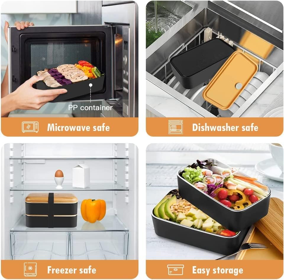 Bento Box im japanischen Stil 2-stufige Lunchbox mit 2 Stück umweltfreundlichem PP-Behälter und Edel
