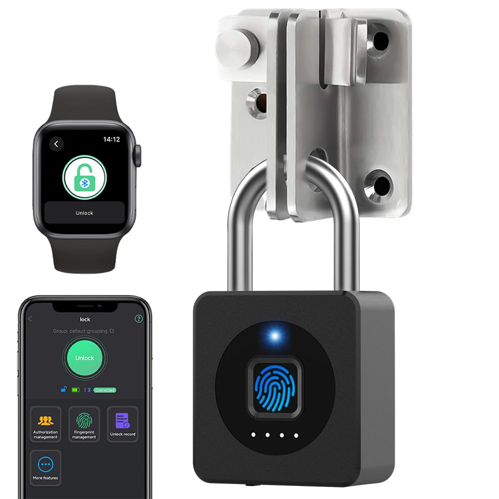 eLinkSmart Vorhängeschloss für Fitnessstudio, Entsperren per Fingerabdruck oder iOS Watch App, mehrb