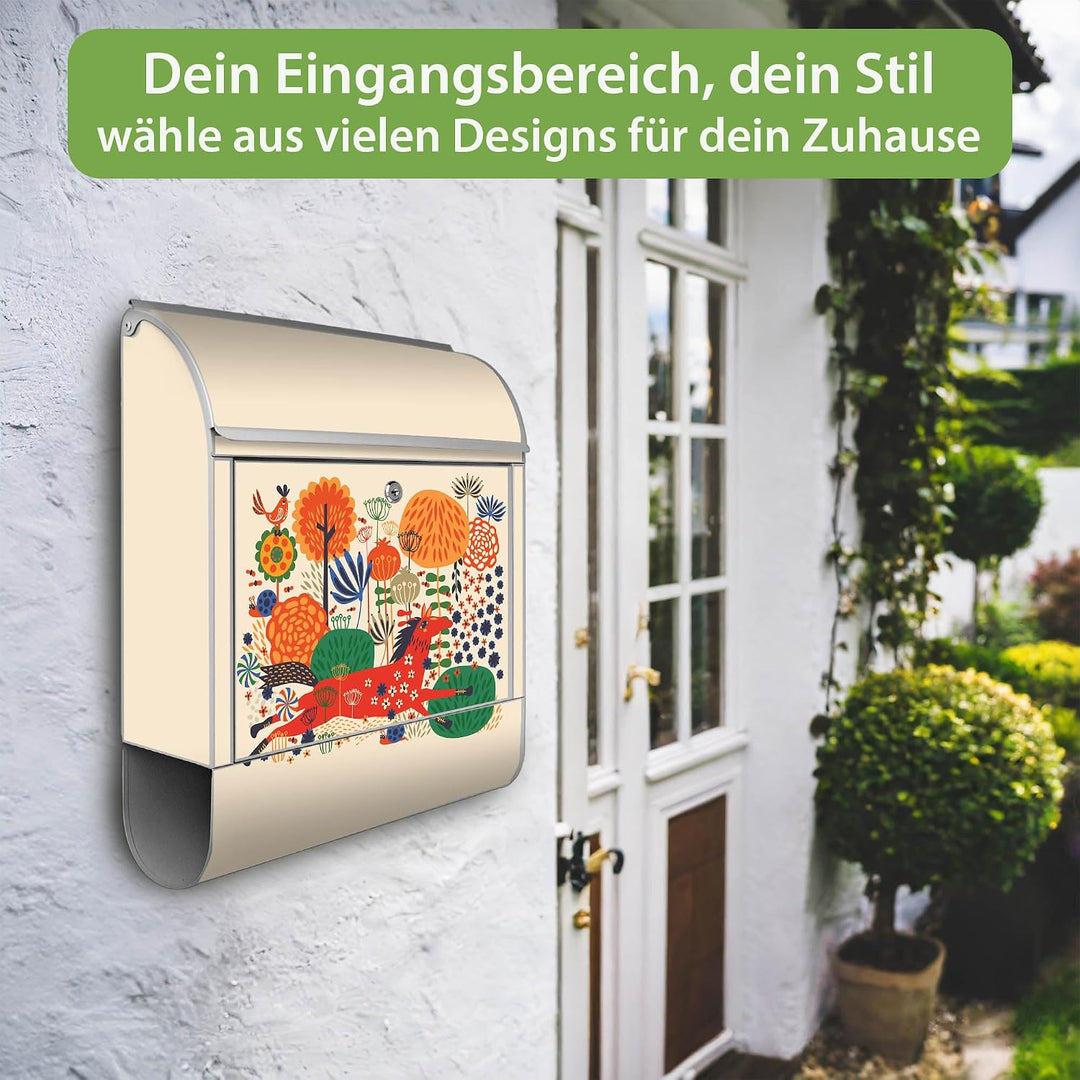 banjado® Design Briefkasten mit Motiv Rotes Pferd 39x47x14cm &amp; 2 Schlüssel - Briefkasten Stahl Silbe