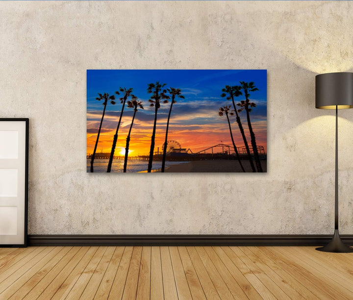 islandburner Bild auf Leinwand Santa Monica Kalifornien Sonnenuntergang Pier Fähren Rad Reflexion St