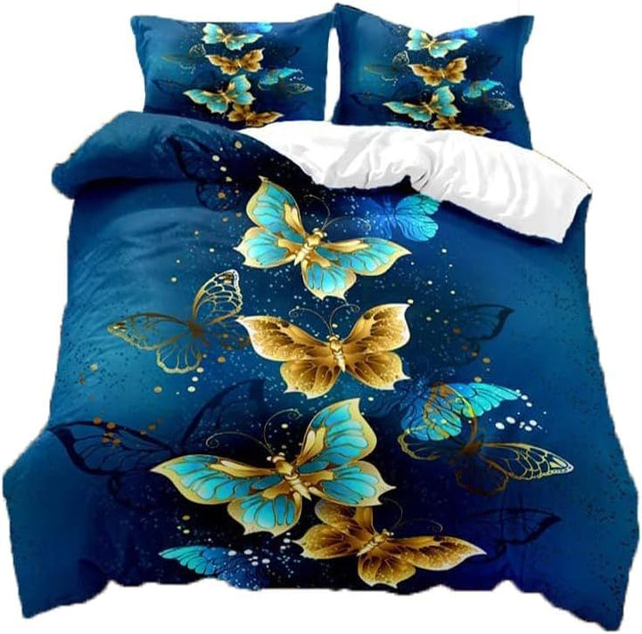 Goldener Schmetterling bettbezug,Blauer,Lila,Buntes Fantasie Schmetterling bettbezug,3D Schmetterlin