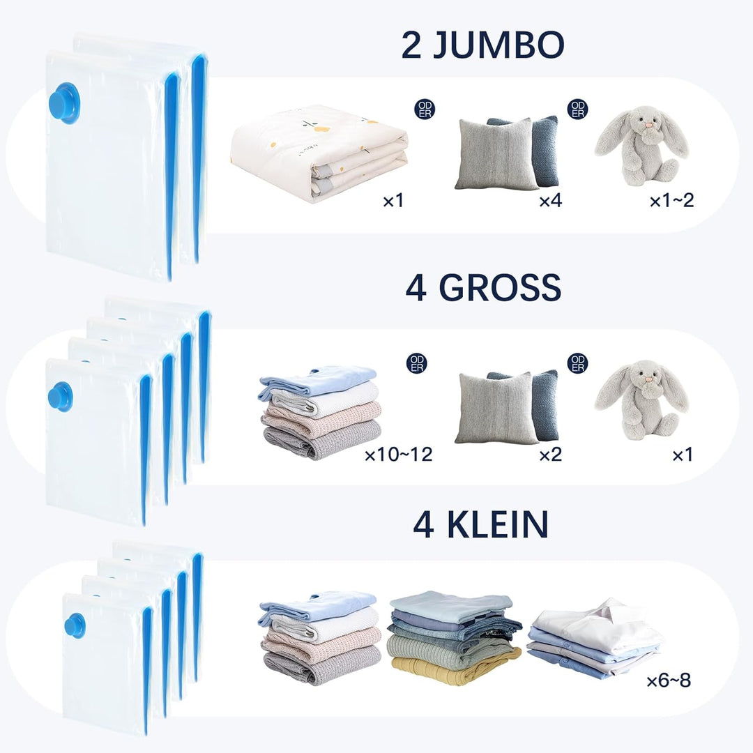 Vakuumbeutel für Kleidung Bettdecken,10 Stück -3 Grössen (2 * 100 x 80 cm+ 4 * 80 x 60cm+4 * 60x40cm