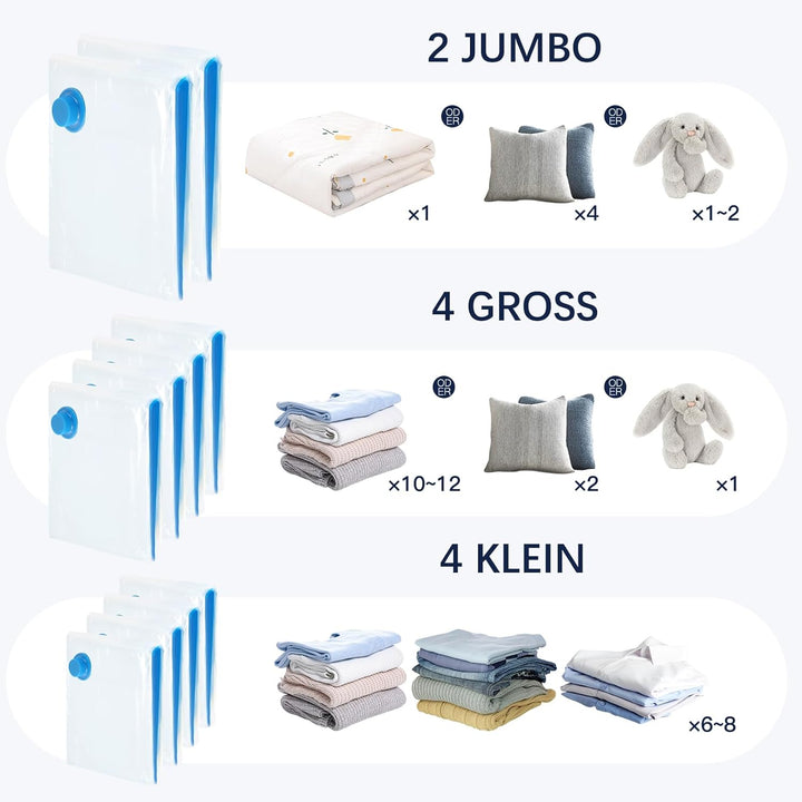 Vakuumbeutel für Kleidung Bettdecken,10 Stück -3 Grössen (2 * 100 x 80 cm+ 4 * 80 x 60cm+4 * 60x40cm