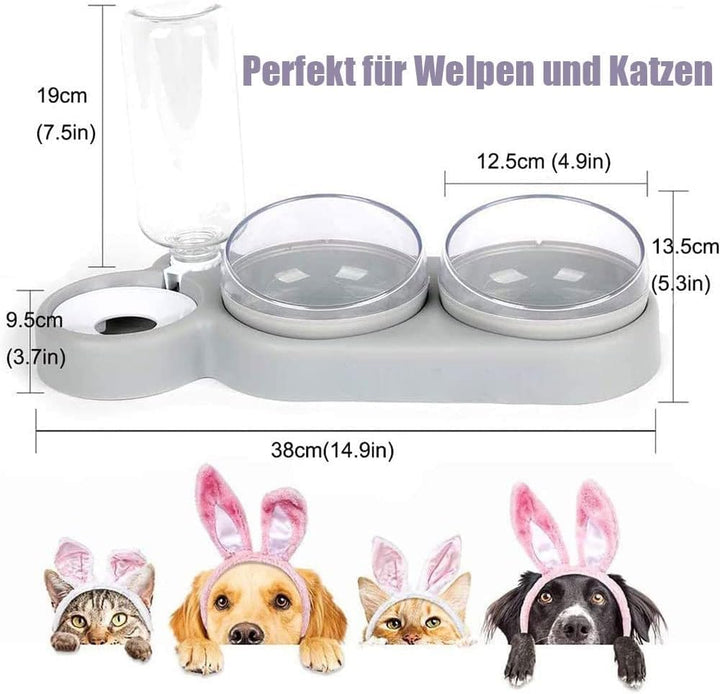 Katzennapf-Set 15° Neigbar Doppelter Futternapf für Nass- Trockenfutter, mit Automatischer Wasserfla