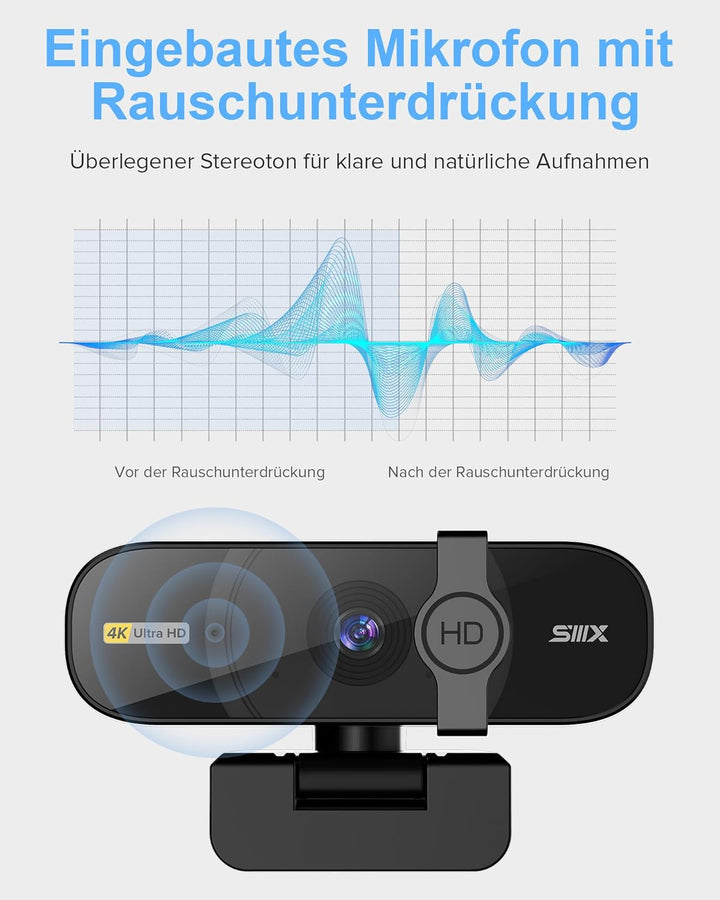 USB Webcam, 4K Full HD Webcam für PC, Videoanrufe, Computerkamera mit klarem Stereo-Audio, automatis