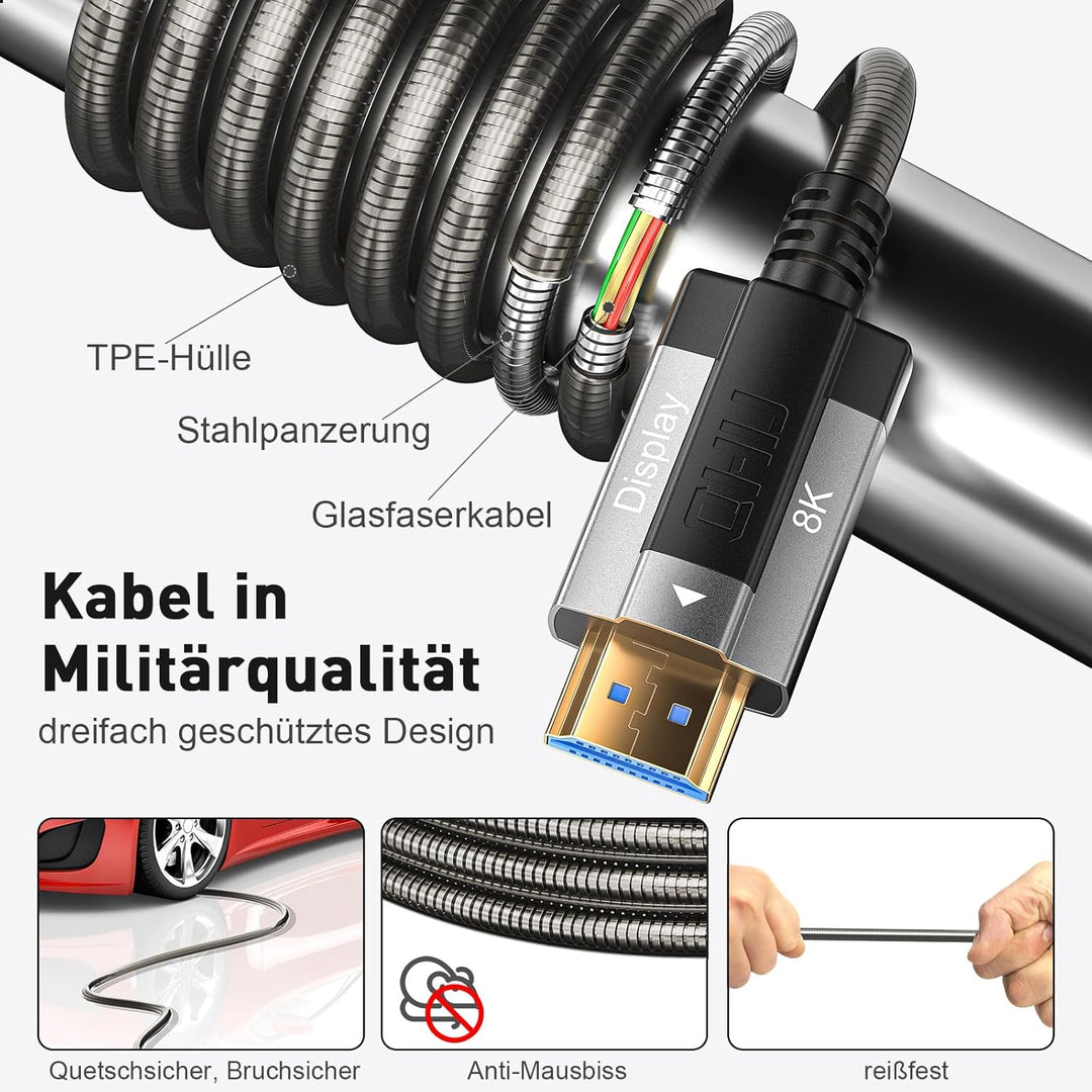 Siwket 8K HDMI Glasfaserkabel 15M, Stahlpanzerung Optisch HDMI 2.1 Kabel 48Gbps Ultra High Speed 8K@
