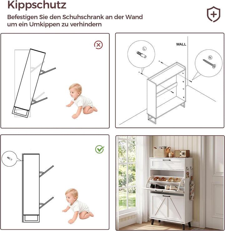 BonVache Schuhschrank schmal, Schuhkipper mit 2 Klappen&Schublade, Schuhregal mit Trennwände verstel